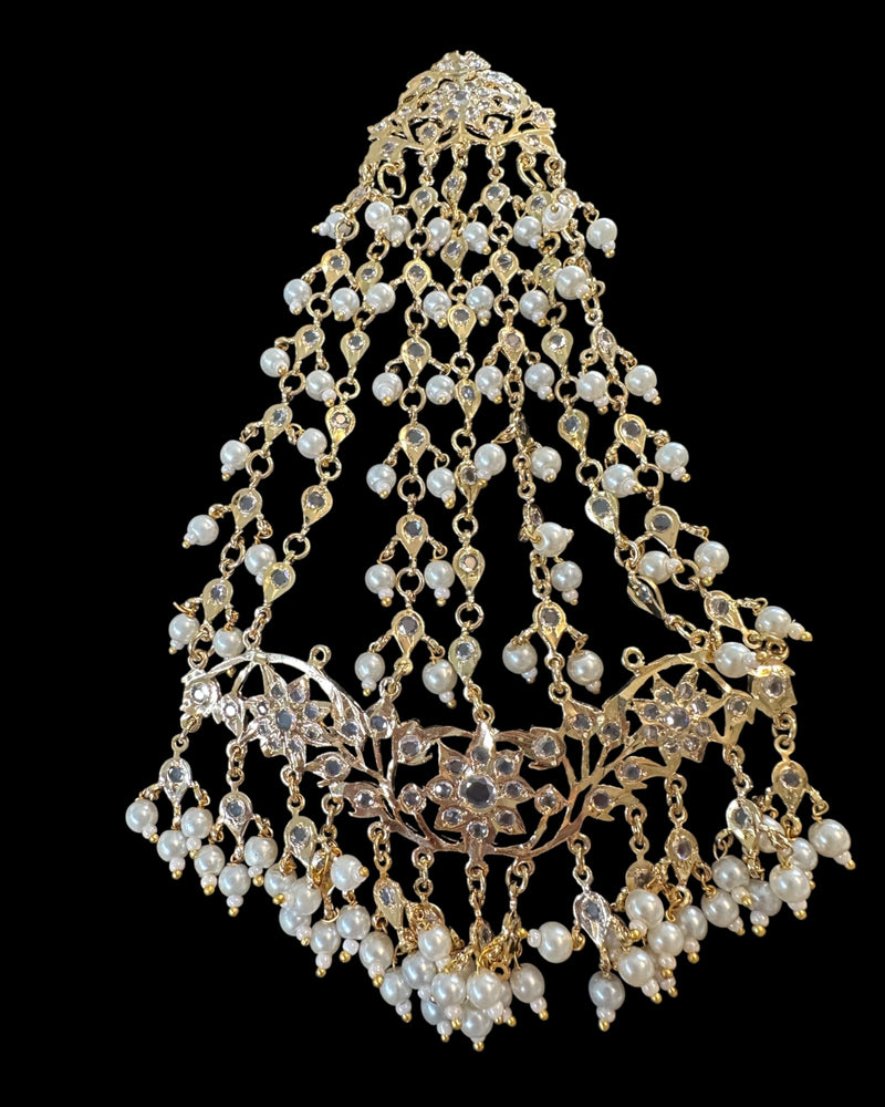 Ekta Gold-Plated Bridal Set with Earrings, Tika & Jhoomar –Pearls ( READY TO SHIP )