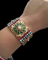 Gold-Plated Silver jadau Bracelet in Ruby, Emerald & Freshwater Pearls ( READY TO SHIP )
