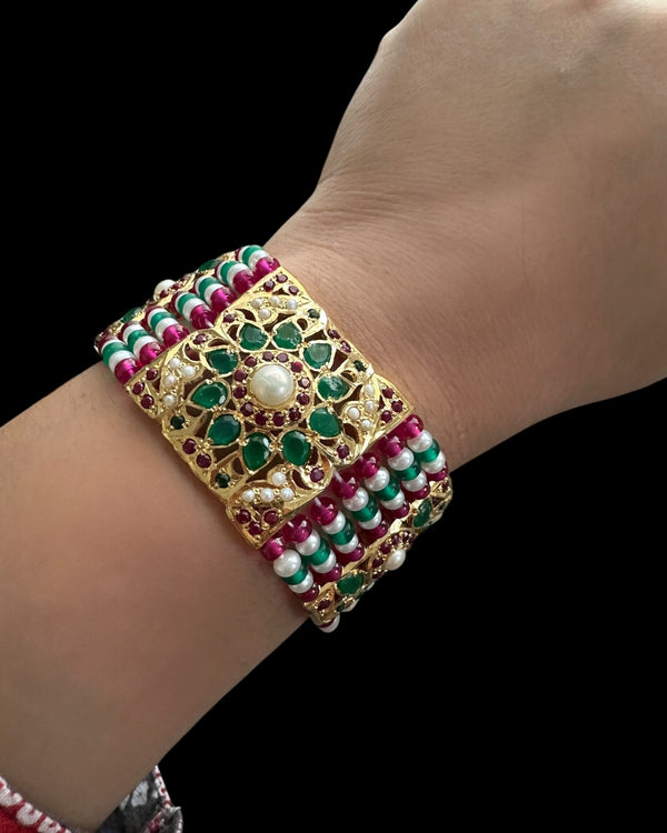 Gold-Plated Silver jadau Bracelet in Ruby, Emerald & Freshwater Pearls ( READY TO SHIP )