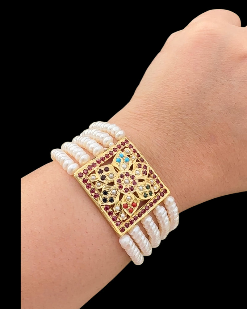 Gold Plated Silver Navratan Bracelet with Freshwater Pearls ( READY TO SHIP )