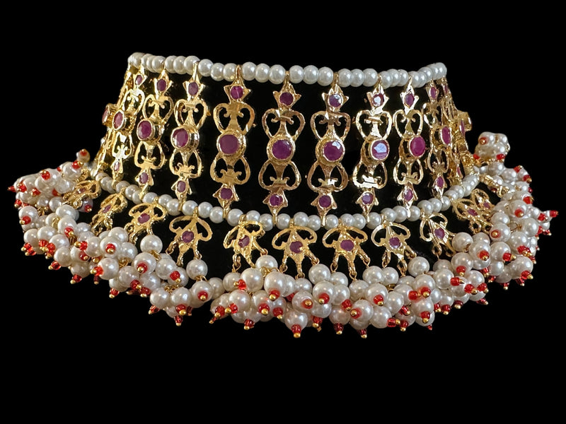 C534 Viya bridal choker set in rubies and pearls  (READY TO SHIP )