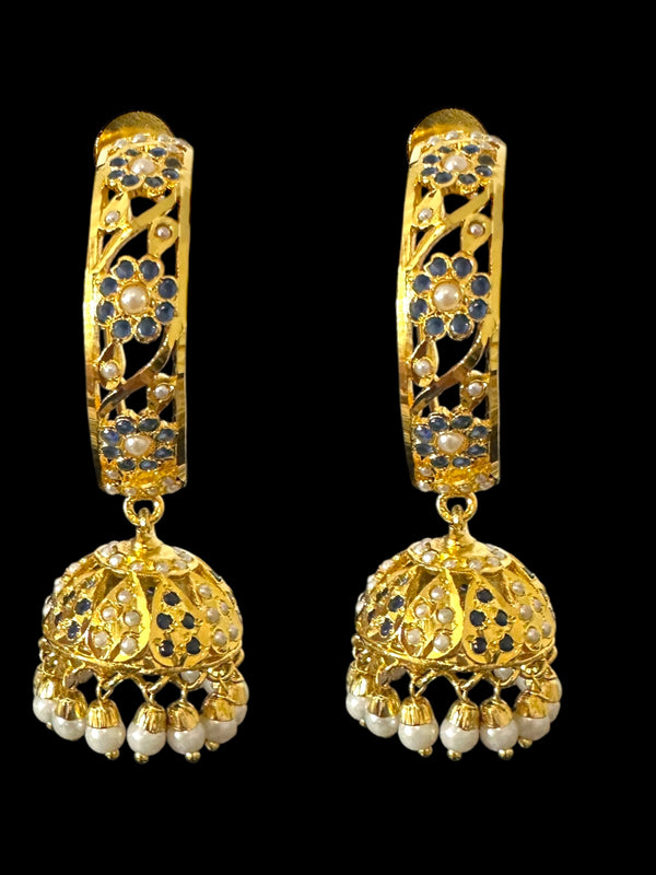 DER805 Jadau jhumka/hoop earrings in sapphire pearl combination ( READY TO SHIP )