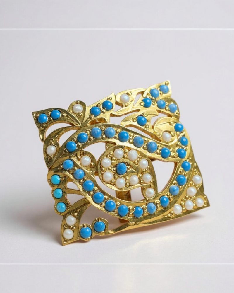 Turquoise & Pearl Gold-Plated Silver Ring – Square Statement Elegance ( READY TO SHIP )