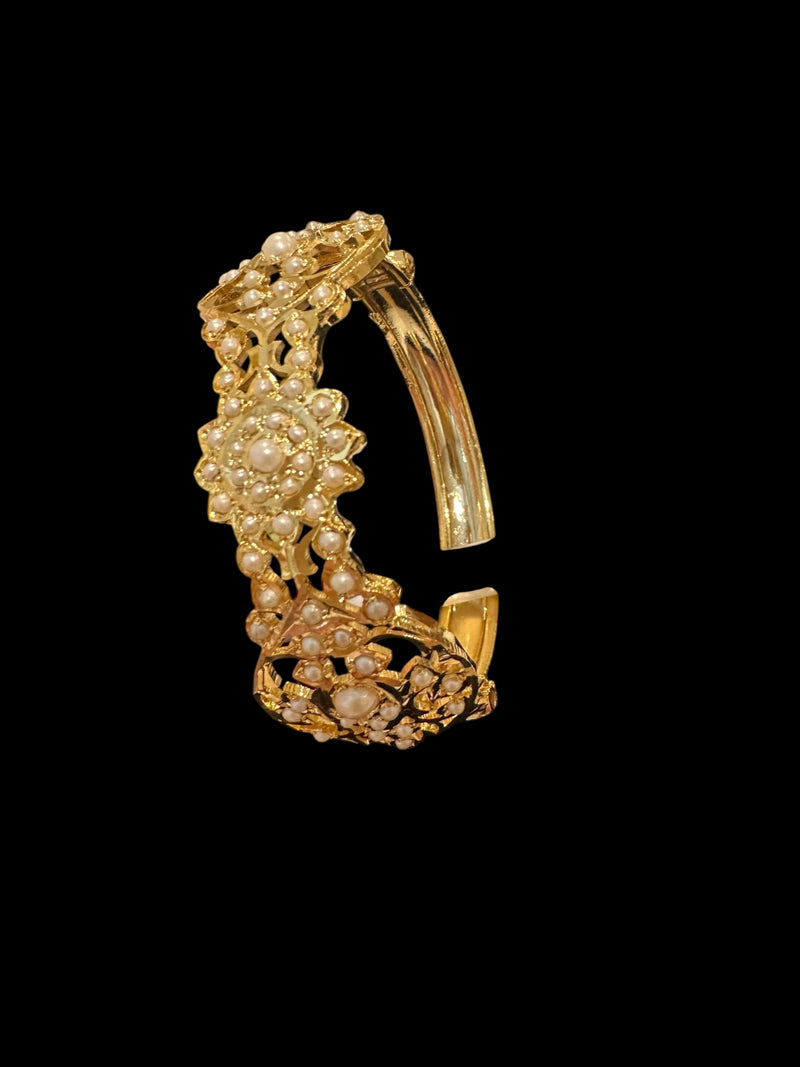Gold-Plated Silver Kada with Freshwater Pearls – Openable Screw Design | 92.5 Silver ( READY TO SHIP )