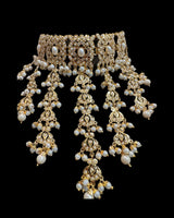 Dangler Choker Set with Earrings & Tika – Gold-Plated Zircon & Pearl Elegance ( SHIPS IN 4 WEEKS )