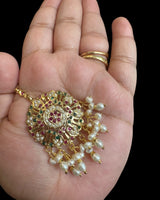Ruby & Emerald Gold-Plated Silver Tika with Freshwater Pearls – Handcrafted Heritage Jewelry ( READY TO SHIP )