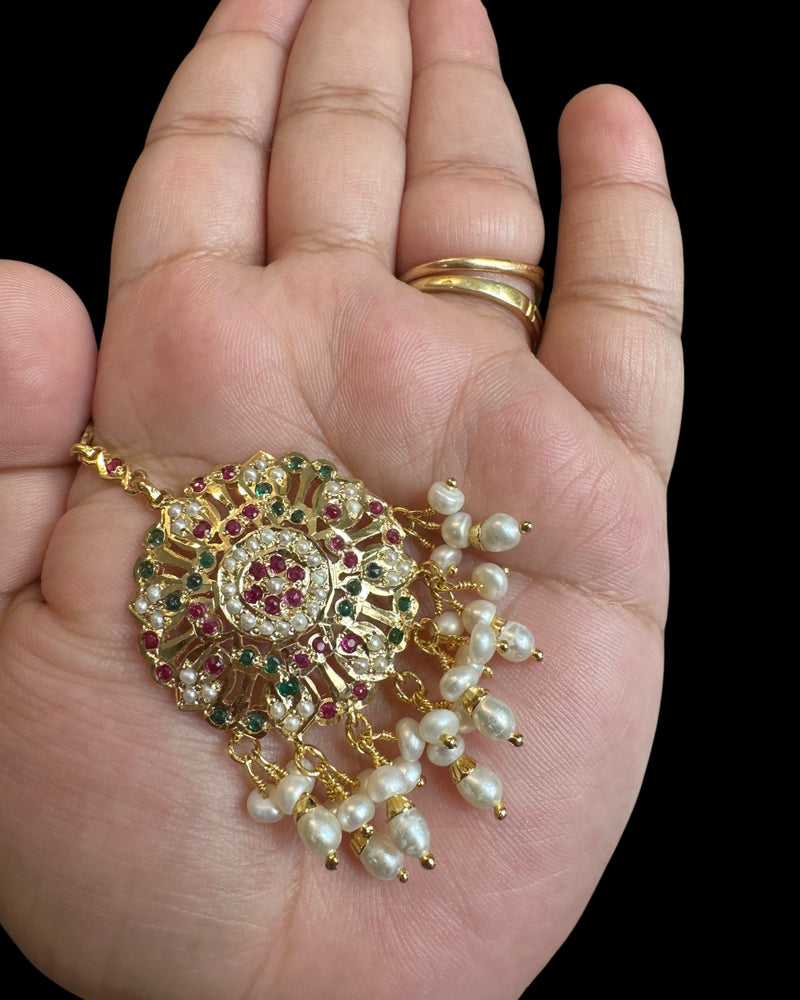 Ruby & Emerald Gold-Plated Silver Tika with Freshwater Pearls – Handcrafted Heritage Jewelry ( READY TO SHIP )