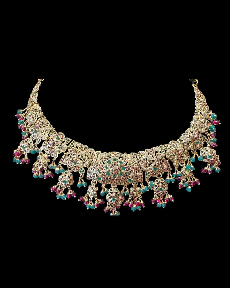 Ruby-Emerald Freshwater Pearl Bridal Necklace Set | Gold-Plated Silver Elegance ( READY TO SHIP )