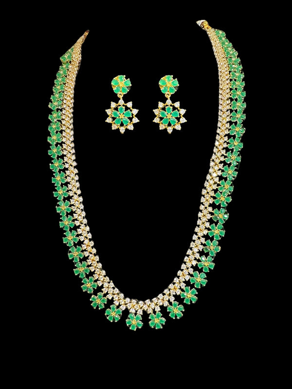 DLN39 Megha long set in cz stones - Green    (READY TO SHIP)