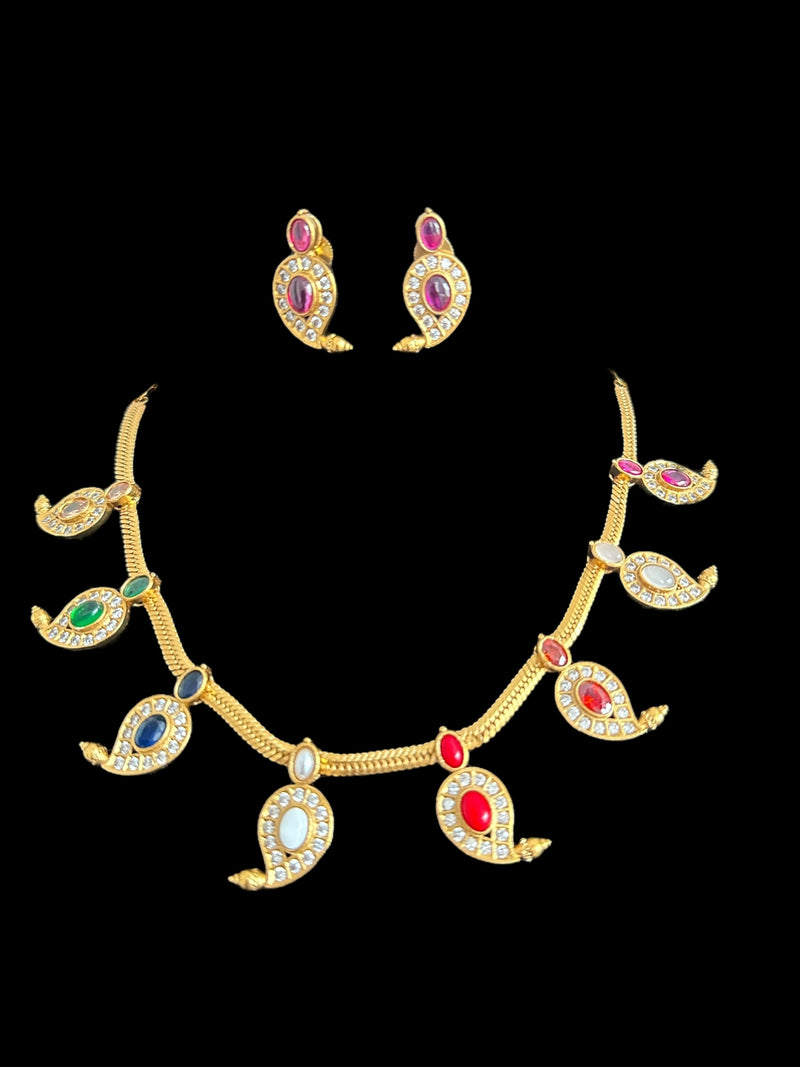 DNS146 Navratan mango necklace set ( READY TO SHIP )