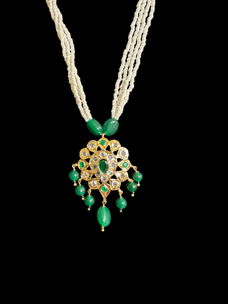 PS391 gold  plated pendant set in pearls  with green beads ( READY TO SHIP)