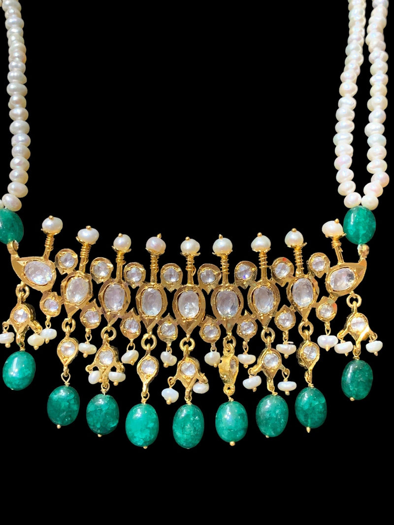 Moissanite Polki Tirmani Necklace Set with Natural Emerald Beads, Freshwater Pearls, and 22K Gold Plating – Includes Earrings
 ( SHIPS IN 4 WEEKS )