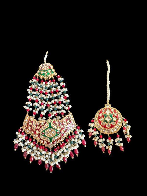 JTK36 kundan jhoomar tika in red and green meenakari  ( READY TO SHIP )