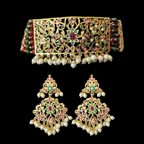 C315 Gold plated jadau choker in red green  ( READY TO SHIP  )