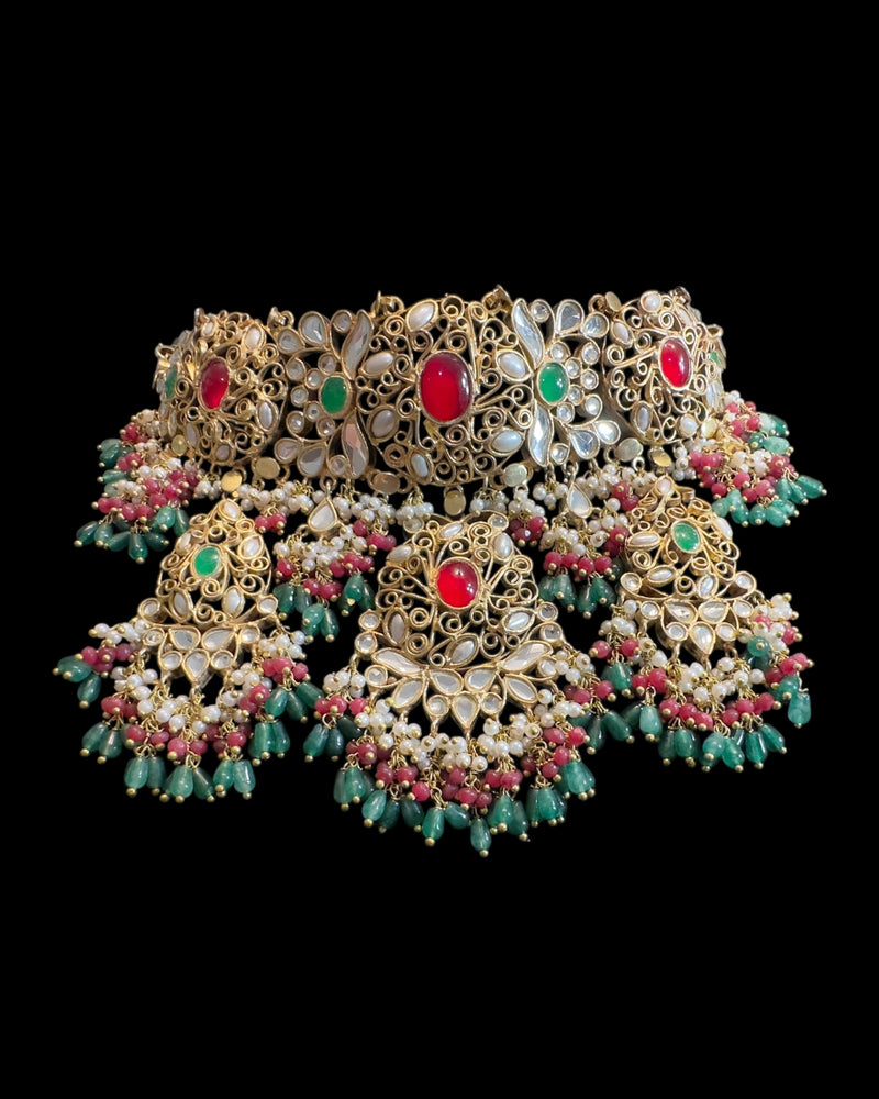 Ruby, Emerald & Pearl Gold-Plated bridal Choker Set | Semi-Precious Stones | Bridal Jewelry ( READY TO SHIP )
