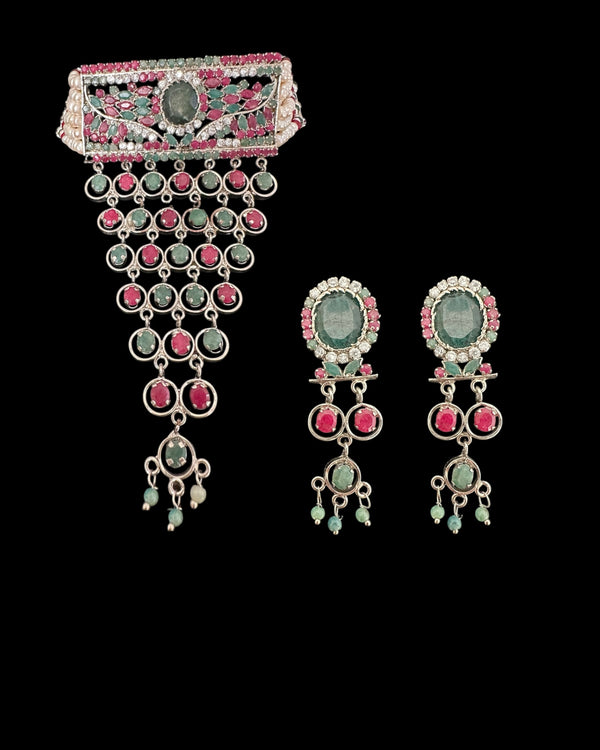 C578 Silver-Plated Ruby & Emerald Choker Set with Earrings ( READY TO SHIP )