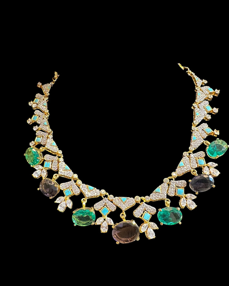 DNS212 Turquoise & CZ Necklace Set with Earrings – Gold Plated ( READY TO SHIP )