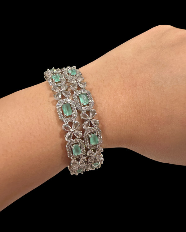 B818 Silver Plated Bangles in Clear and mint  Cubic Zirconia ( READY TO SHIP )