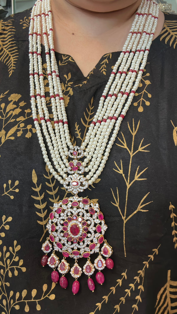 DLN137 MANDIRA Long CZ Pearl Mala with Ruby Beads | Necklace & Earrings Set ( READY TO SHIP )