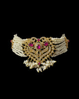BR465 RAABYA ruby and pearl with zircon bridal choker set with earrings tika ( READY TO SHIP )