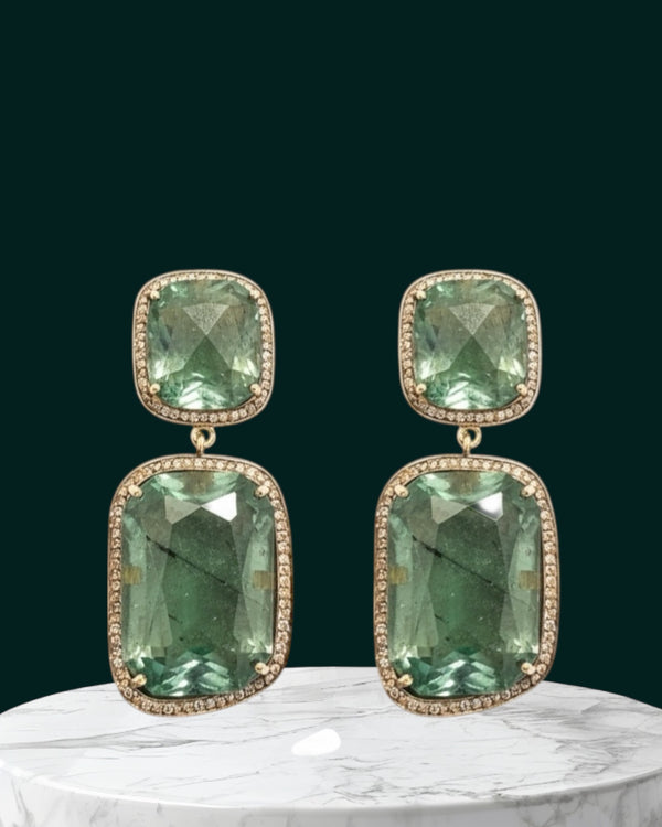 Gold plated silver aventurine  and pave diamonds earrings ( READY TO SHIP )