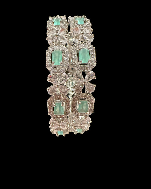 B818 Silver Plated Bangles in Clear and mint  Cubic Zirconia ( READY TO SHIP )