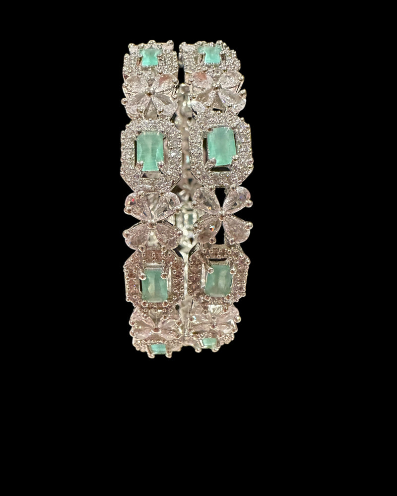 B818 Silver Plated Bangles in Clear and mint  Cubic Zirconia ( READY TO SHIP )