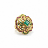 Ruby, Emerald & Freshwater Pearl Gold-Plated Silver Adjustable Ring ( READY TO SHIP)