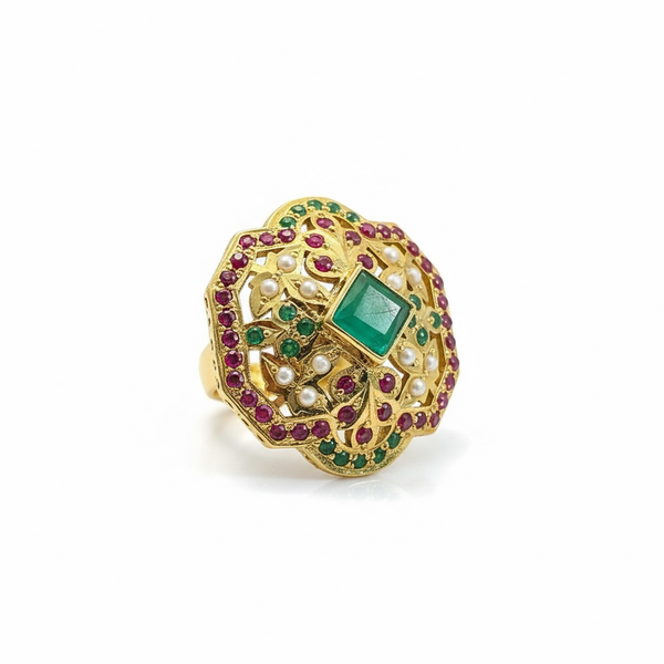 Ruby, Emerald & Freshwater Pearl Gold-Plated Silver Adjustable Ring ( READY TO SHIP)