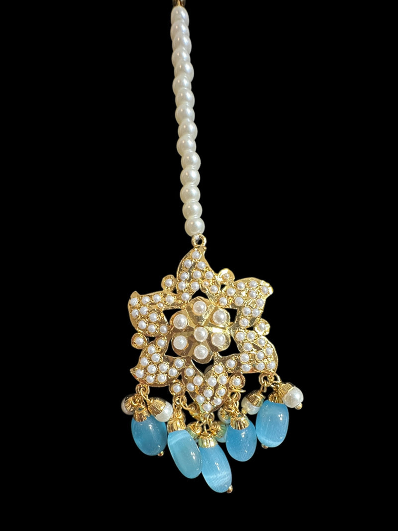 Iza Jadau tops and tika set in pearls with light blue beads ( READY TO SHIP )