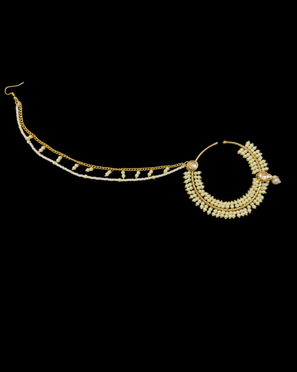 Handcrafted Kundan & Pearl Nosering with Double Chain – Non-Pierced Bridal Nath ( READY TO SHIP )