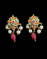 gold plated pendant set in navratan with pearl strings  ( READY TO SHIP )