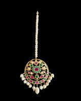 Kulsum jhoomar tika set in ruby emerald with fresh water pearls ( READY TO SHIP )