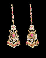 Bridal Choker Set in  Ruby & Shell Pearls | Gold-Plated | Earrings + Jhoomar + Tikka ( READY TO SHIP )