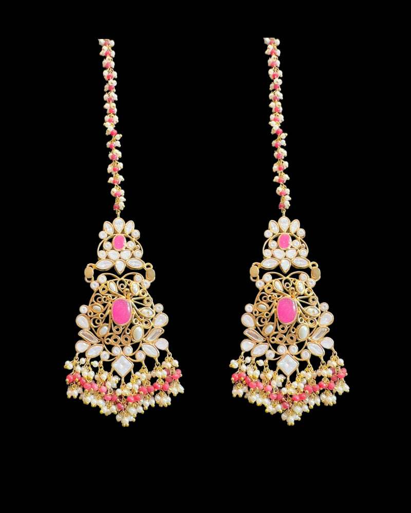 Bridal Choker Set in  Ruby & Shell Pearls | Gold-Plated | Earrings + Jhoomar + Tikka ( READY TO SHIP )