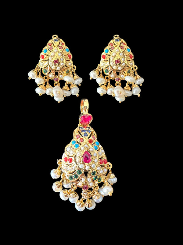 Gold plated jadau silver pendant set in navratan   ( READY TO SHIP )