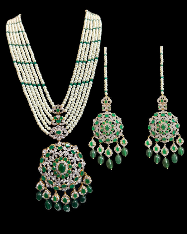 DLN138 Mandira Long CZ Pearl Mala with Green Beads – Necklace & Earrings Set ( READY TO SHIP )