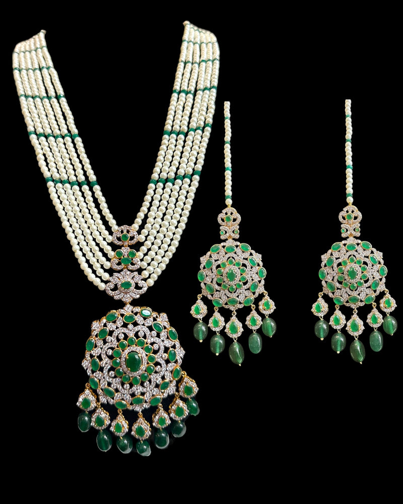 DLN138 Mandira Long CZ Pearl Mala with Green Beads – Necklace & Earrings Set ( READY TO SHIP )