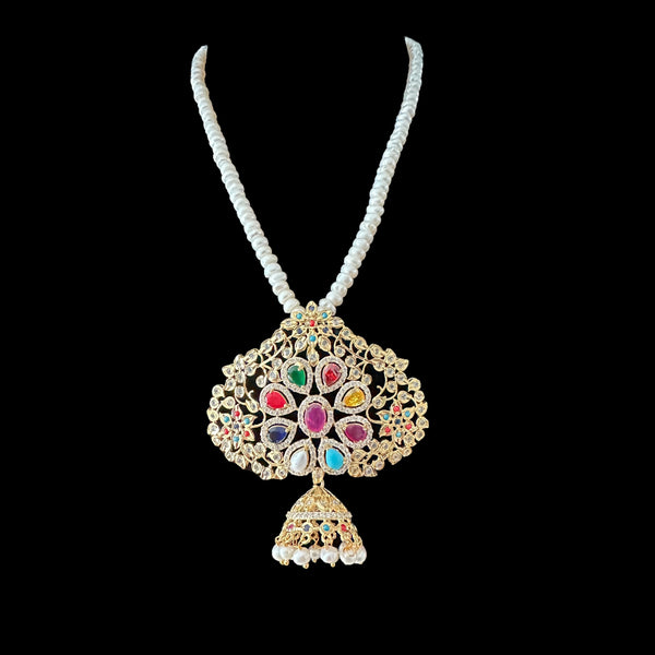 PS316 fresh water pearl pendant set in navratan  ( READY TO SHIP )