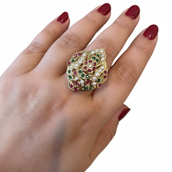 Ruby Emerald Freshwater Pearl Adjustable Ring – Gold-Plated 92.5 Silver ( SHIPS IN 5 WEEKS )