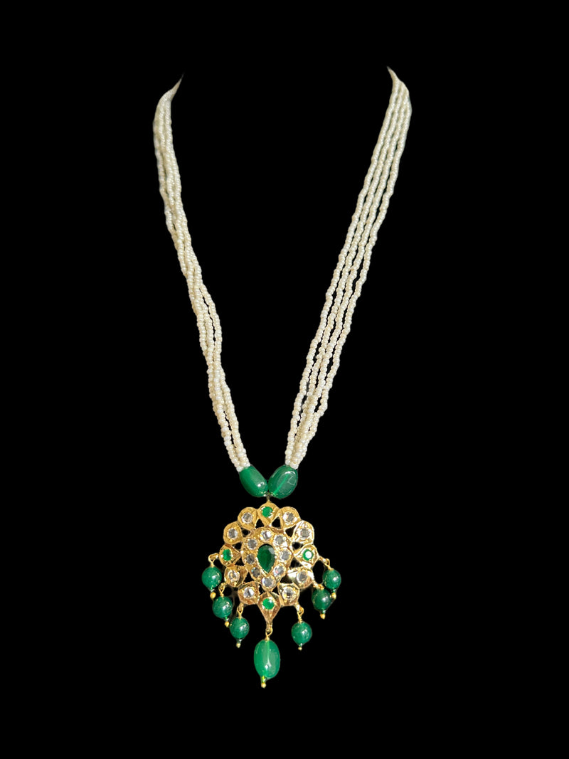 PS391 gold  plated pendant set in pearls  with green beads ( READY TO SHIP)