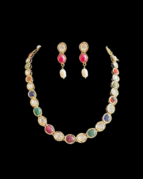 DNS205 Bhanu navratan necklace with earrings in real gemstones ( READY TO SHIP )