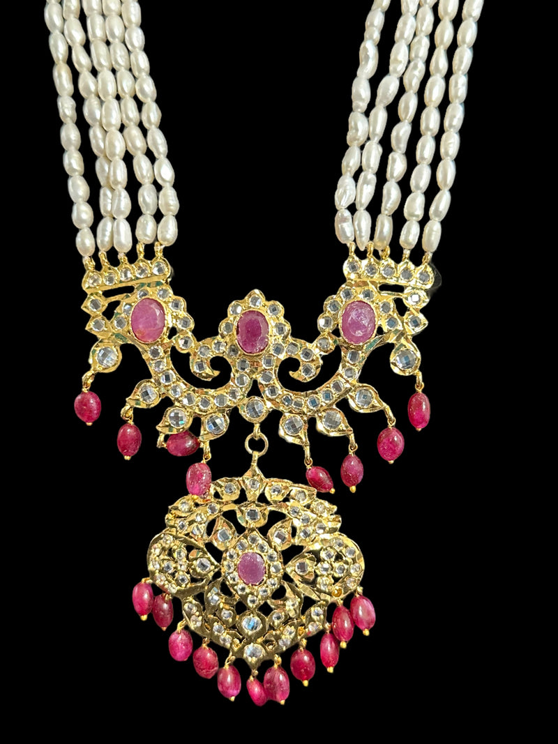 DLN34 Gold plated Rani haar in fresh water pearls and rubies ( READY TO SHIP )