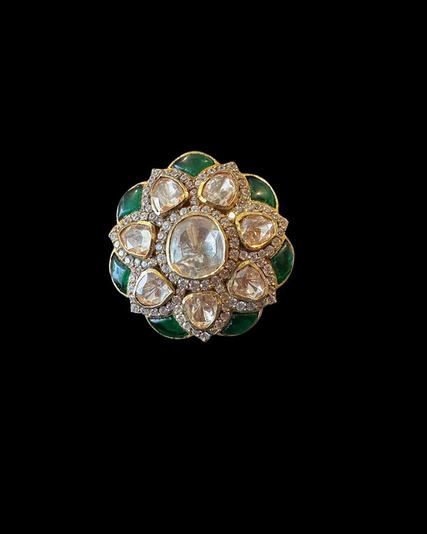 Moissanite Polki & Emerald Gold-Plated Silver Statement Ring ( READY TO SHIP )