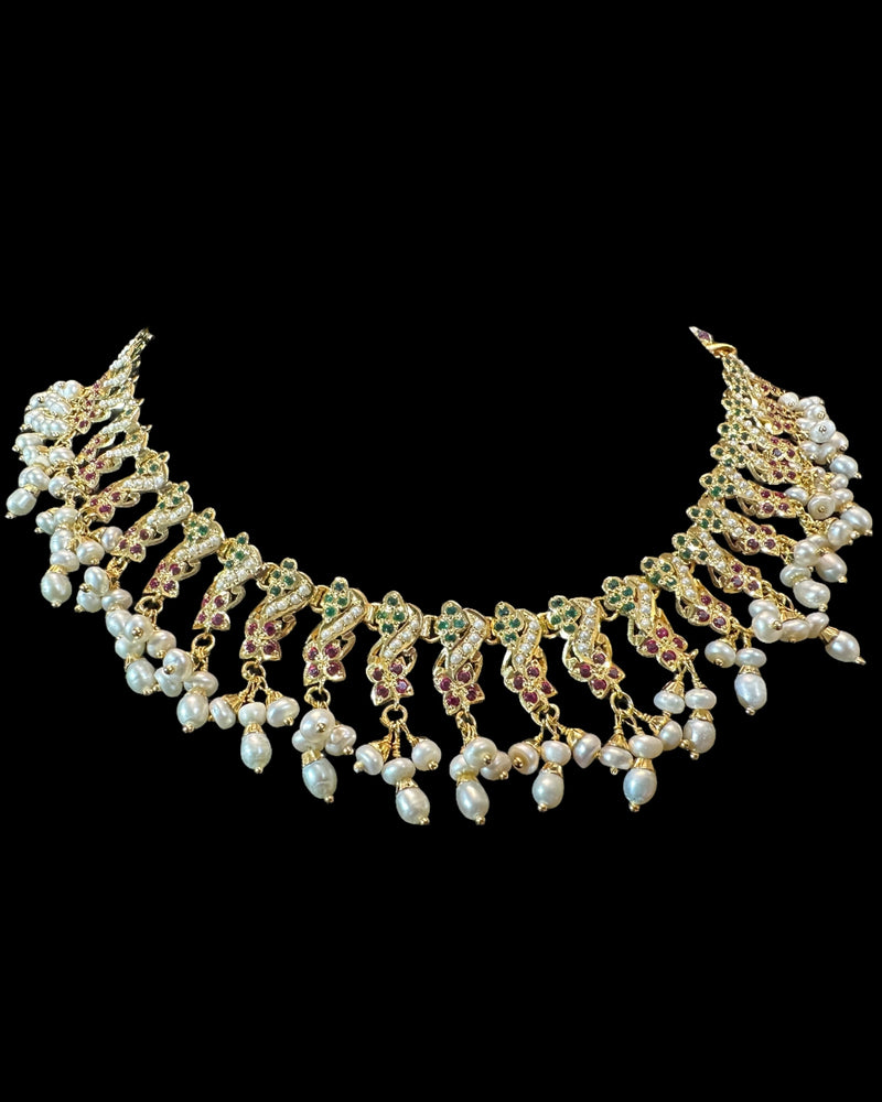Ruby Emerald Pearl Necklace Set | 92.5 Silver Gold-Plated ( READY TO SHIP )