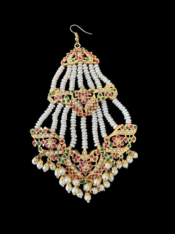 DJHR150 ASMITA jadau jhoomar in ruby emerald with fresh water pearls ( READY TO SHIP )