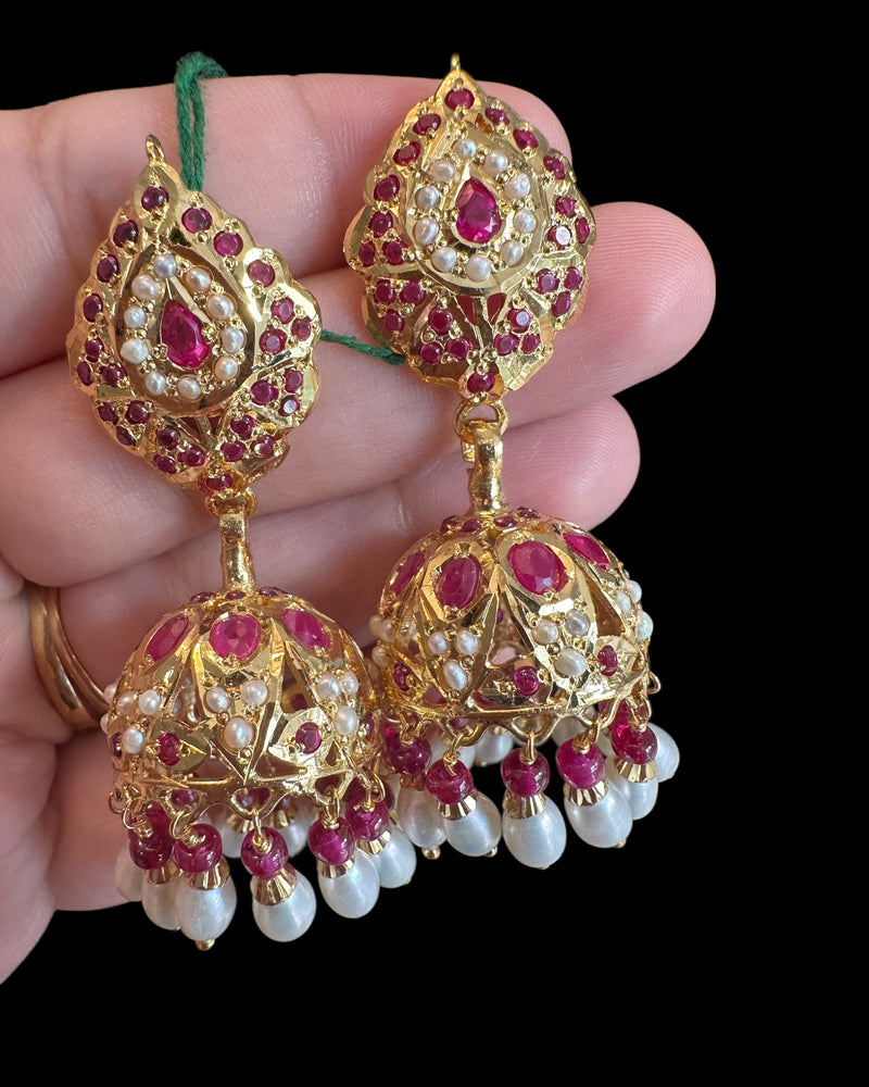 Ruby & Freshwater Pearl Jadau Jhumka – Gold-Plated 92.5 Silver ( READY TO SHIP )