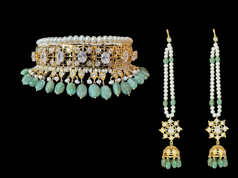 Jadavi lacha with karanphool in gold plated silver with fresh water pearls and emerald beads SHIPS IN WEEKS