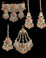 Bridal Choker Set in  Ruby & Shell Pearls | Gold-Plated | Earrings + Jhoomar + Tikka ( READY TO SHIP )