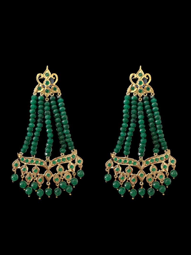 DER589 Amrita jhoomar earrings in green beads  ( SHIPS IN 4 WEEKS  )